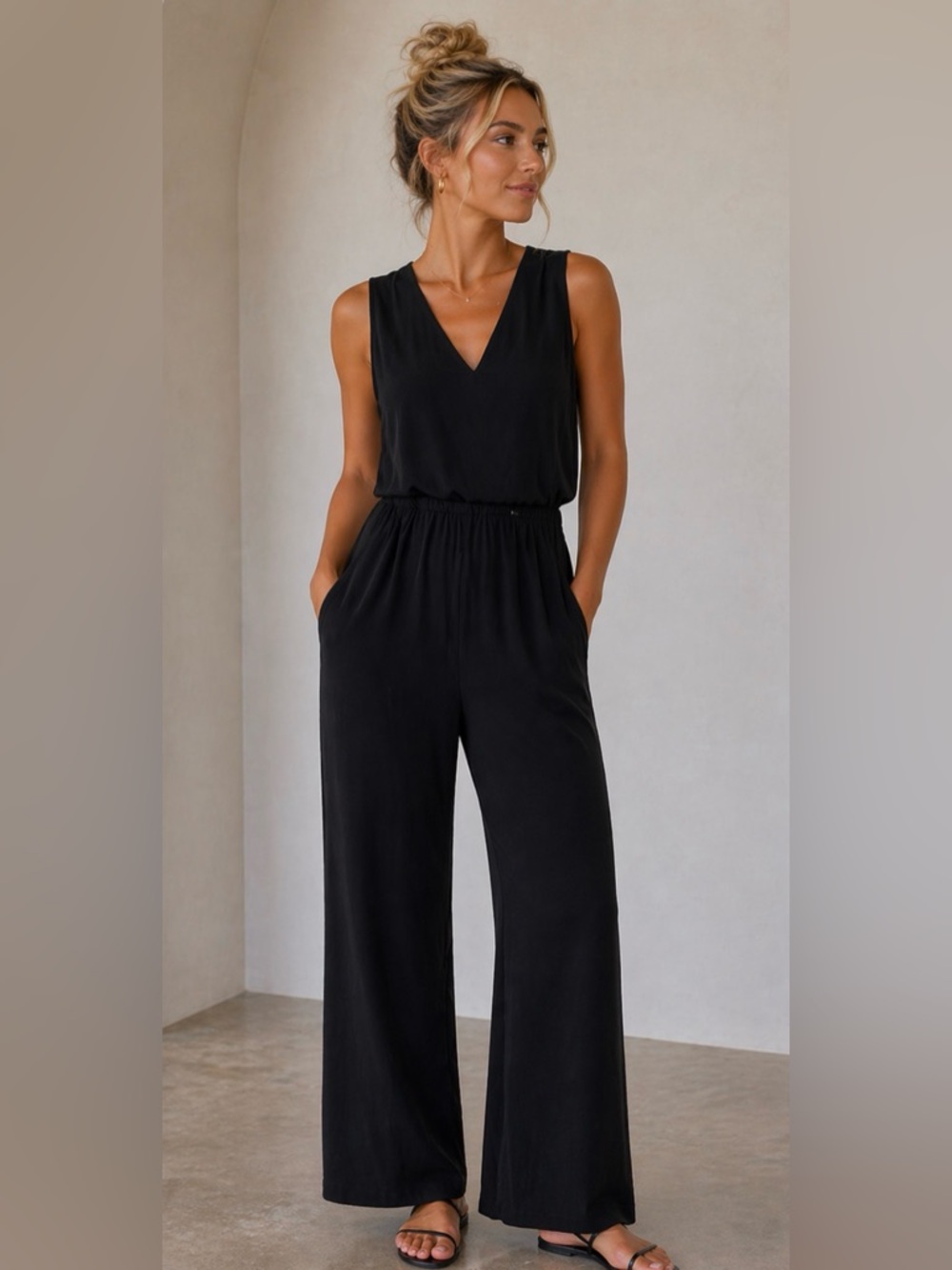 IMAN Black V-Neck Sleeveless Wide-Leg Jumpsuit
